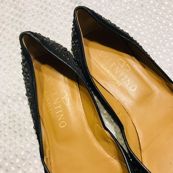 Valentino Garavani Swarovski Crystal Studded Flats Black Satin Size 8.5 - Picture 9 of 14